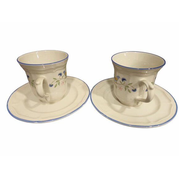 Vtg BrickOven Stoneware Mugs & saucer set 4pc Heritage Pattern Birds Flowers - Picture 2 of 11